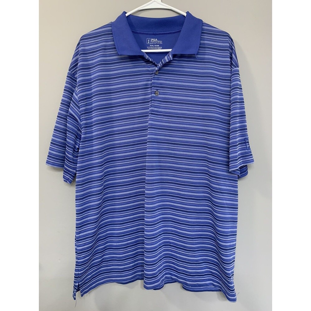 PGA TOUR Golf Polo Shirt Men's XXL Short Sleeve BLUE Striped